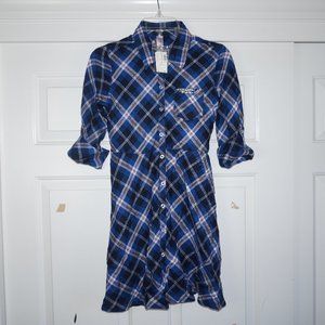 Justice Navy Plaid Drawstring Button-Up 3/4 Sleeve Casual Dress Size 14 NWT